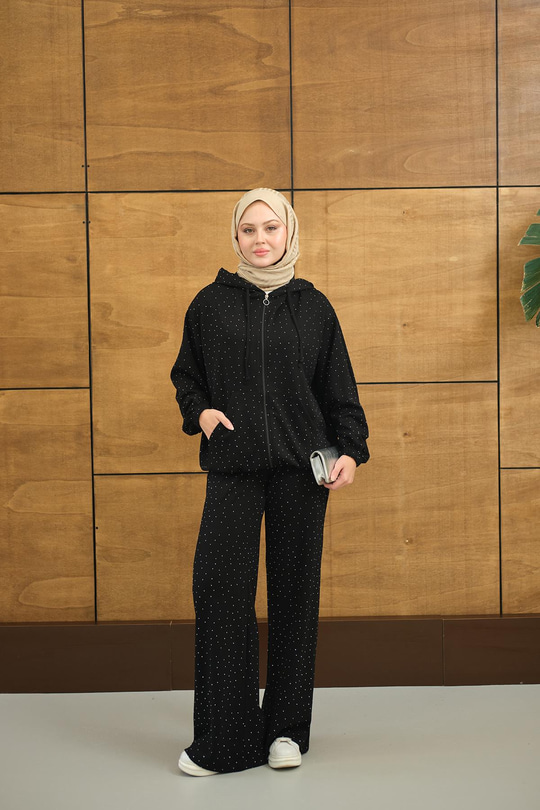 Taş Detay Kapüşonlu İkili Takım Siyah