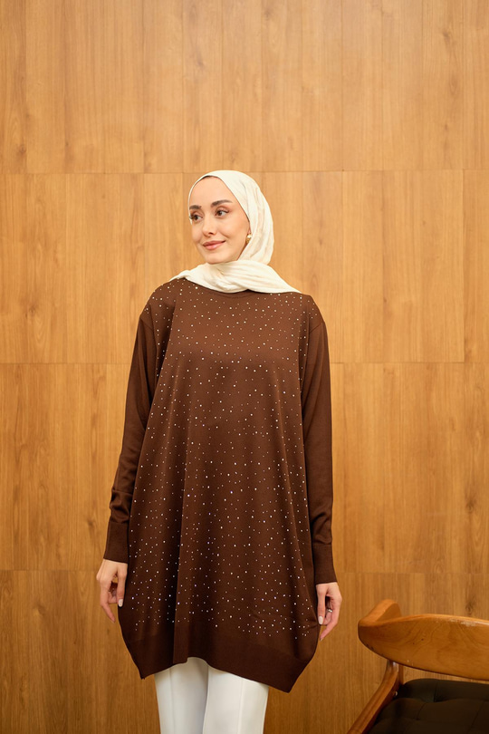 Taş Detay Triko Tunik Kahverengi