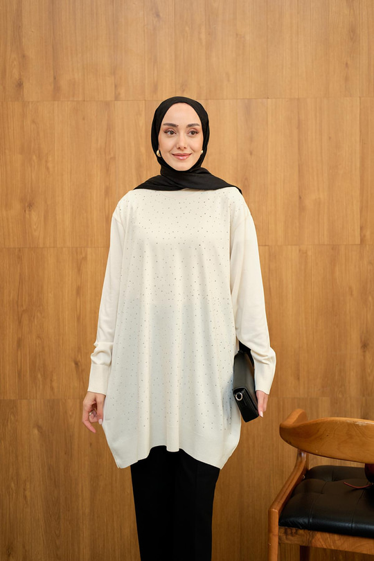 Taş Detay Triko Tunik Krem