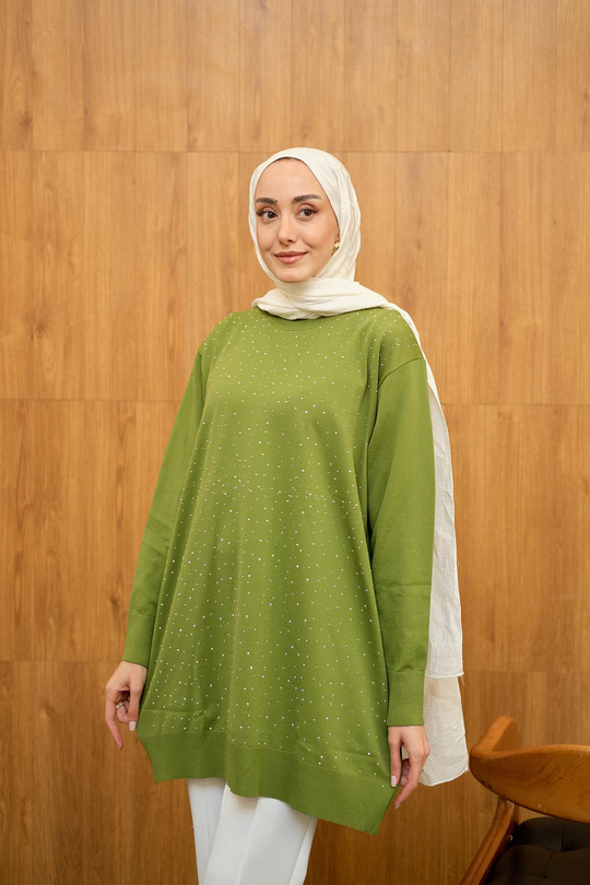 Taş Detay Triko Tunik Yeşil