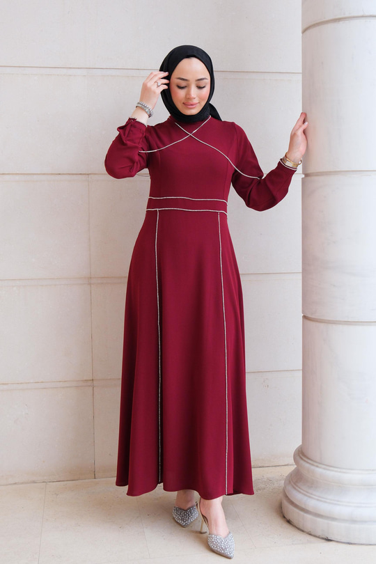 Taş Detaylı Abiye Kırmızı