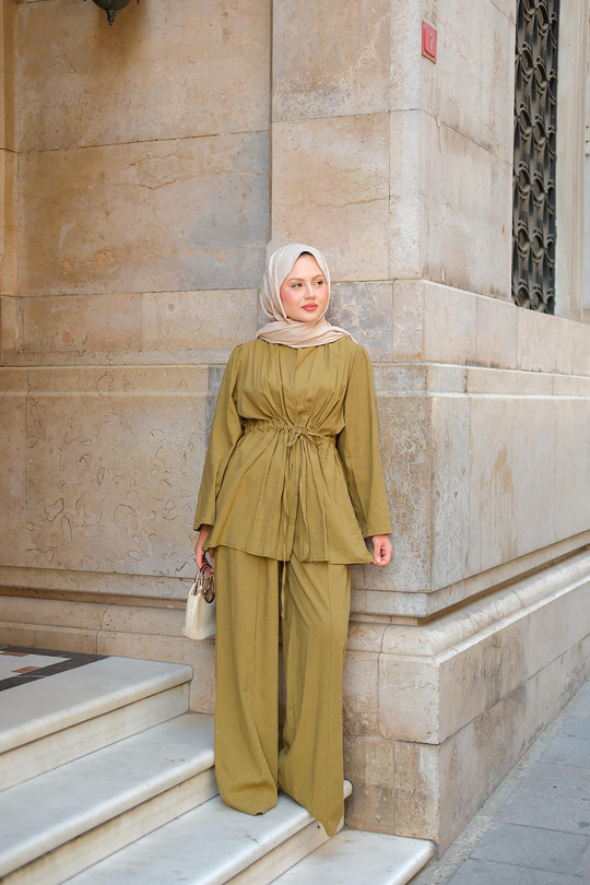 Taş Detaylı İkili Takım Yağ Yeşil