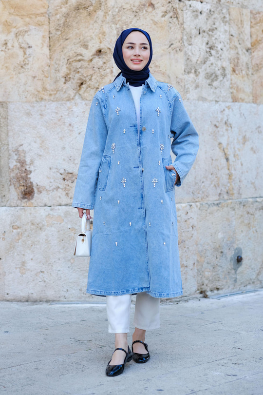 Taş Detaylı Trenç Buz Mavi