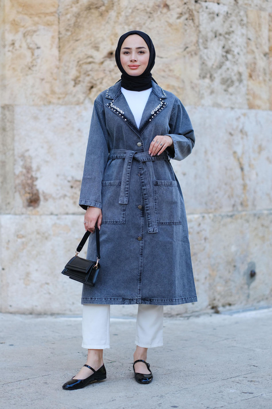 Taş Detaylı Trenç Füme