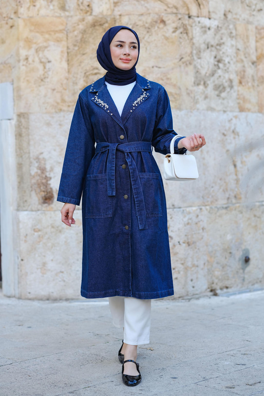 Taş Detaylı Trenç Koyu Mavi