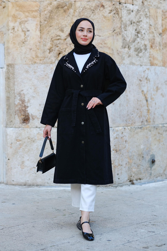 Taş Detaylı Trenç Siyah