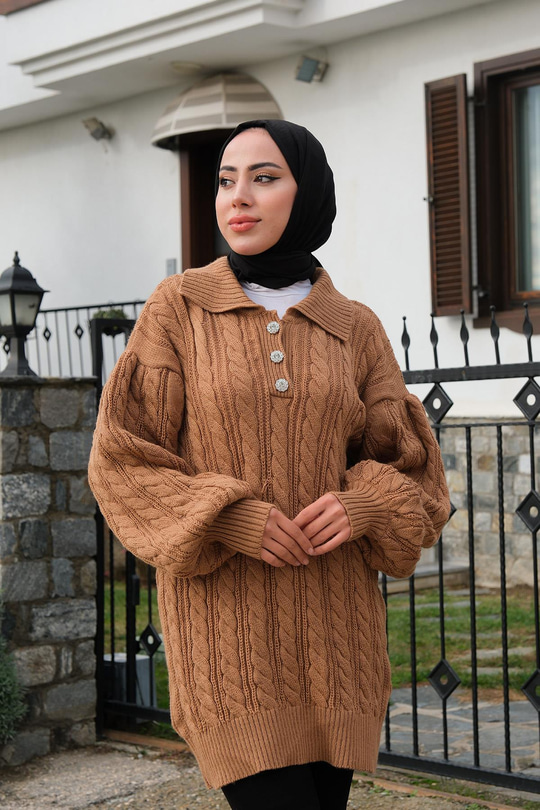 Taş Düğme Detay Örgülü Kazak Vizon