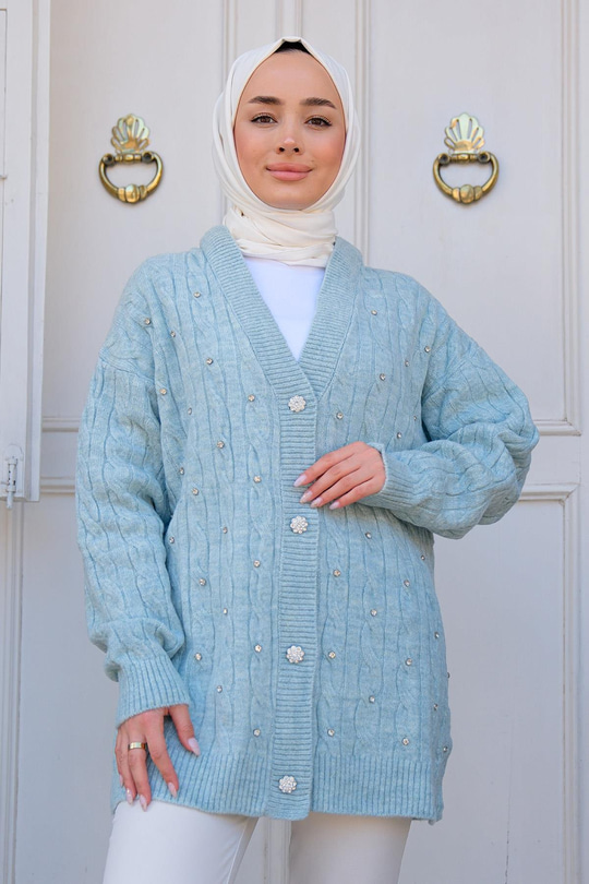 Taş İşlemeli Triko Hırka Bebe Mavi