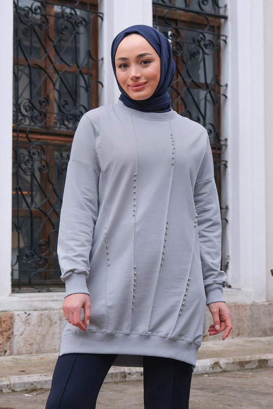 Taş İşlemeli Tunik Gri