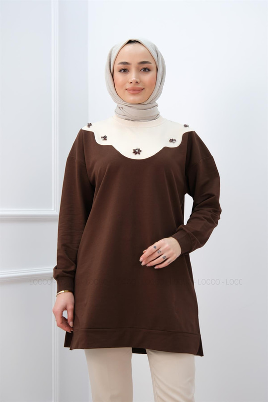 TAS ISLEMELI TUNIK KAHVERENGI