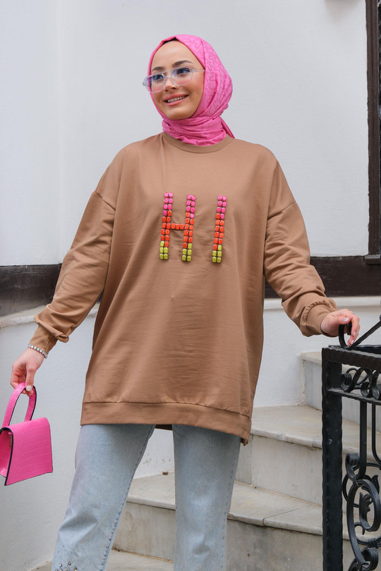 Taş İşlemeli Tunik  Vizon