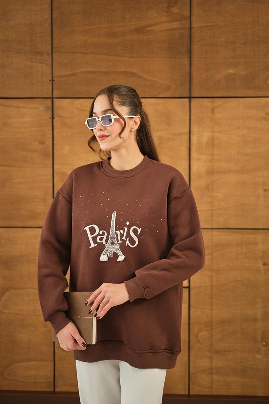 Taş Ve Nakış Detaylı Oversize Sweat Kahverengi