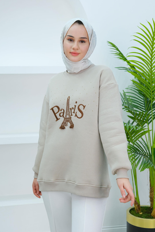 Taş Ve Nakış Detaylı Oversize Sweat Krem