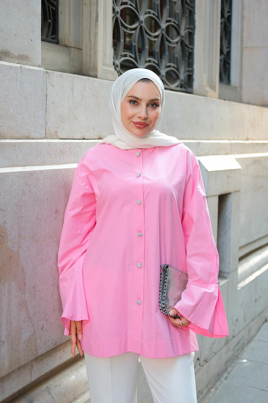 Tasarım Düğme Detaylı Tunik Pembe