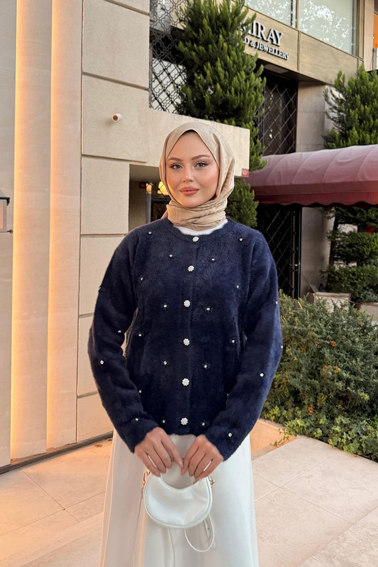 Taşlı Çiçek Düğmeli Hırka Lacivert