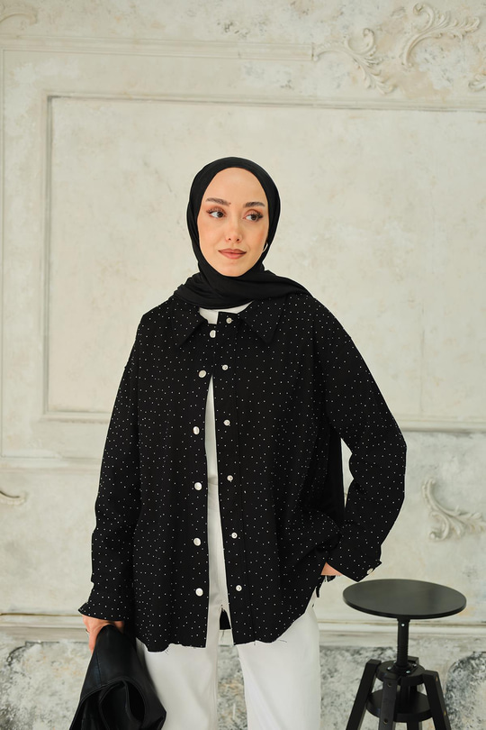 Taşlı Gabardin Gömlek Siyah