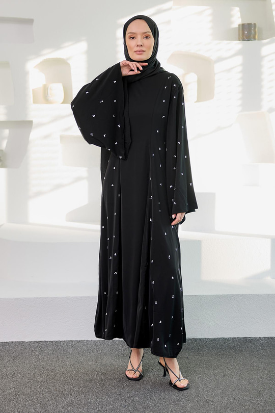 Taşlı Geniş Abaya Elbise Siyah