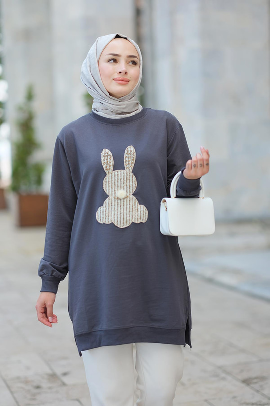 Tavşan Nakışlı Sweat Antrasit