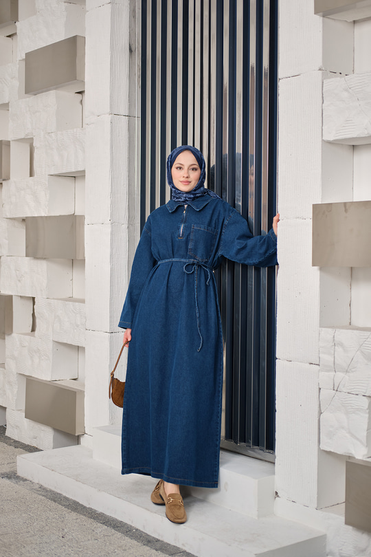 Tek Cep Detay Gömlek Yaka Kot Elbise Lacivert