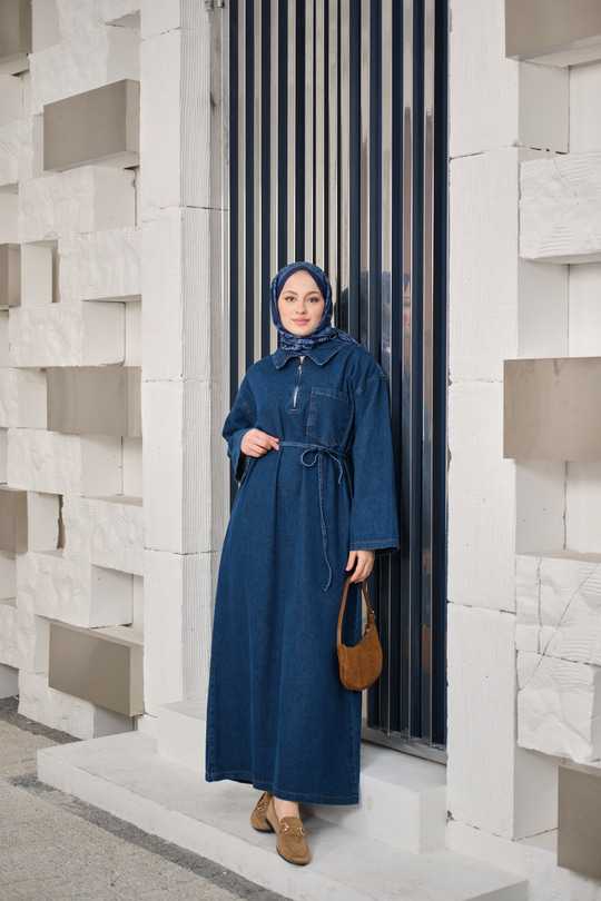 Tek Cep Detay Gömlek Yaka Kot Elbise Lacivert