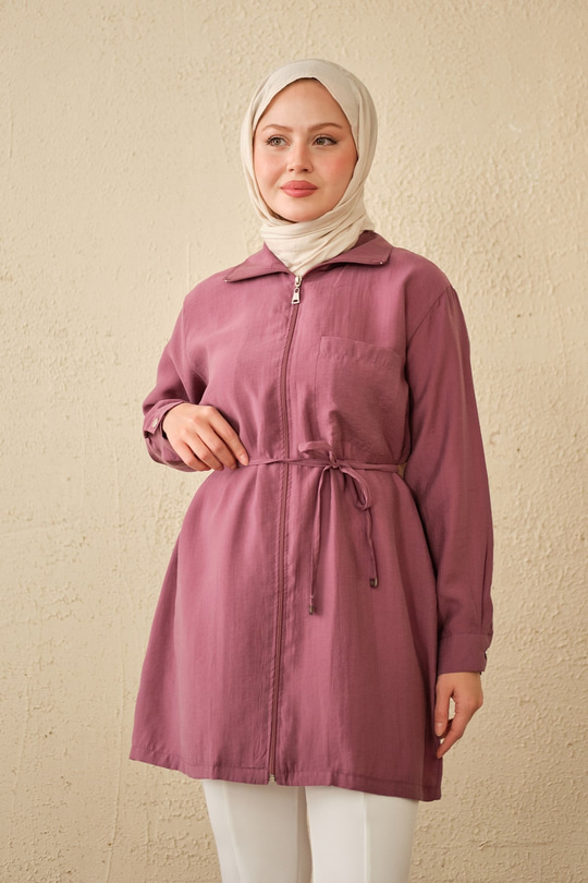 Tek Cepli Bel Bağlamalı Fermuarlı Hırka Mürdüm