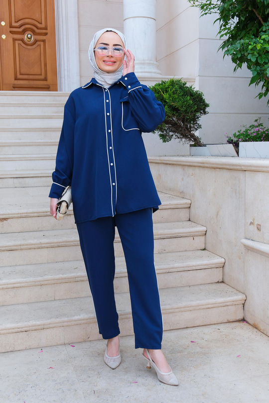 Tek Cepli Şerit Detay İkili Takım Lacivert