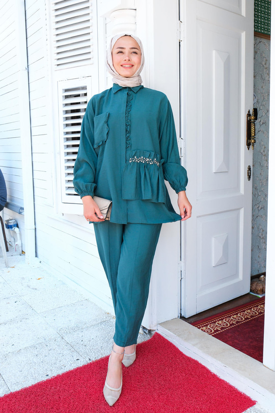 Tek Cepli Taş Detay İkili Takım  Petrol Yeşil