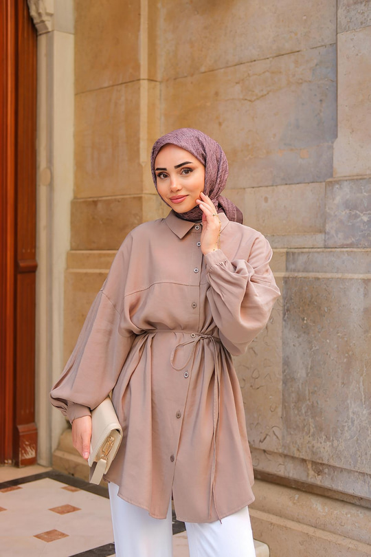 Tensel Bel Bağlamalı Gömlek Koyu Vizon