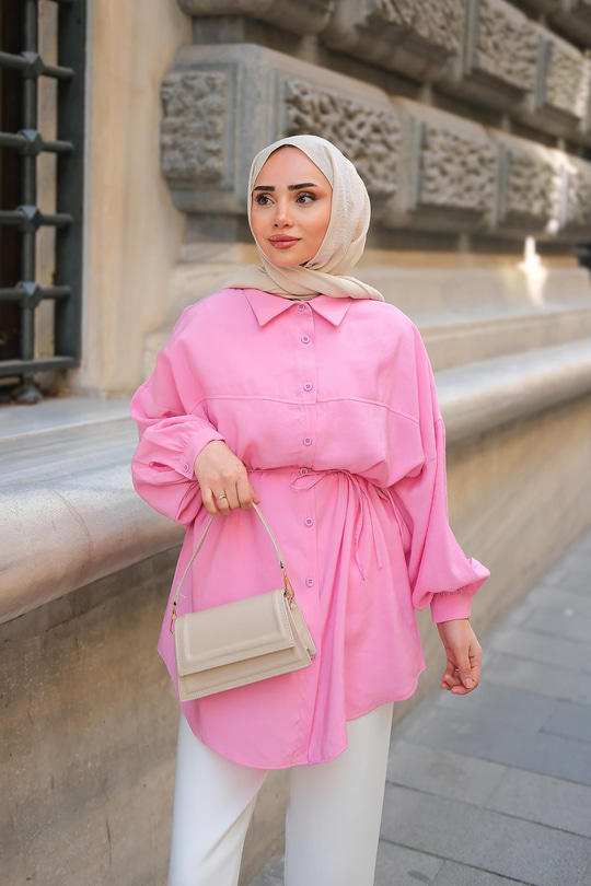Tensel Bel Bağlamalı Gömlek Pembe
