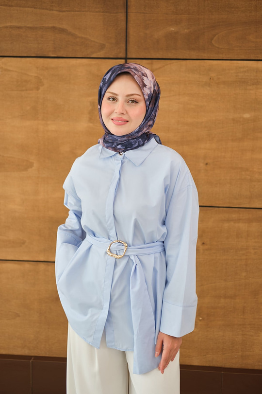 Toka Detaylı Uzun Kuşaklı Gömlek Bebe Mavi