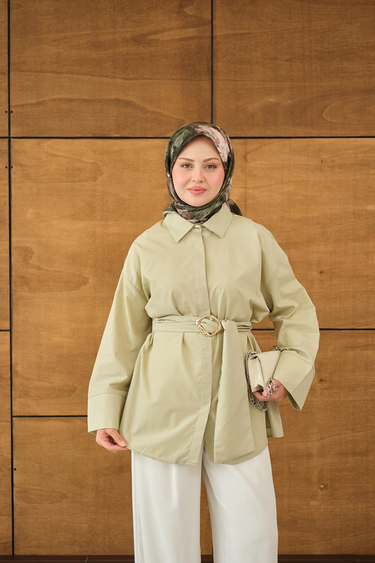 Toka Detaylı Uzun Kuşaklı Gömlek Küf Yeşil