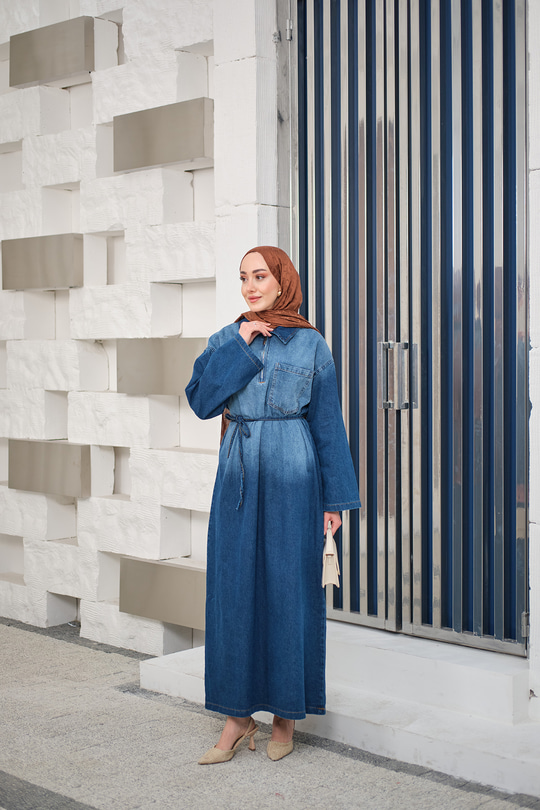Tonsürton Detaylı Bel Bağlamalı Kot Elbise Mavi