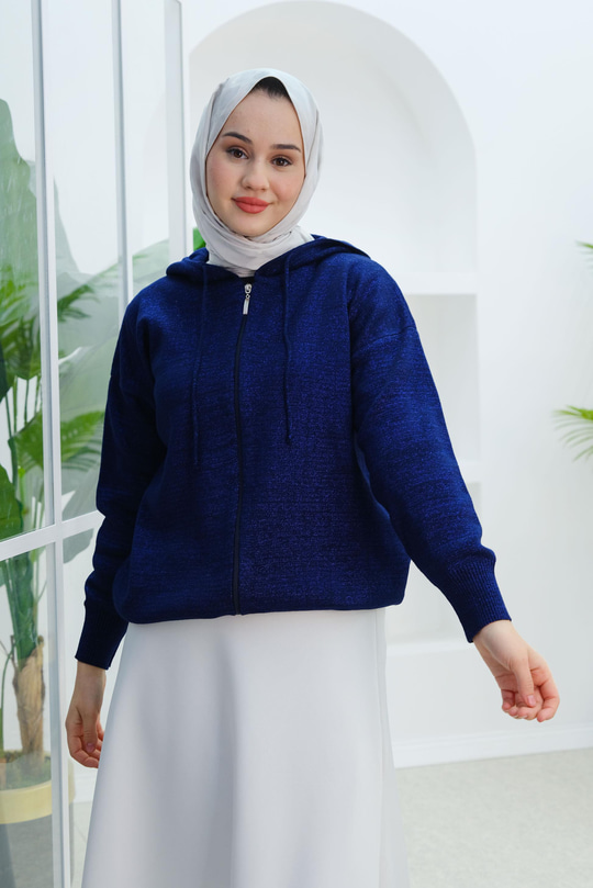 Triko Fermuarlı Sim Detay Hırka Lacivert
