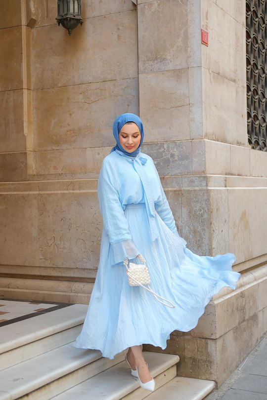 Tül Detay Bağlamalı İkili Takım Açık Mavi