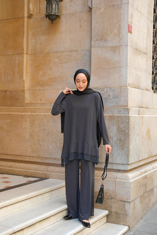 Tül Detay İkili Takım Antrasit