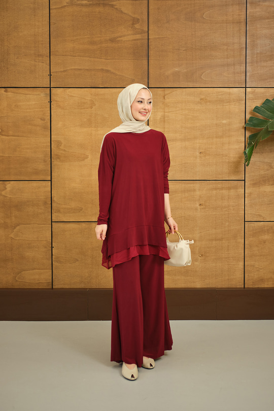 Tül Detay İkili Takım Bordo