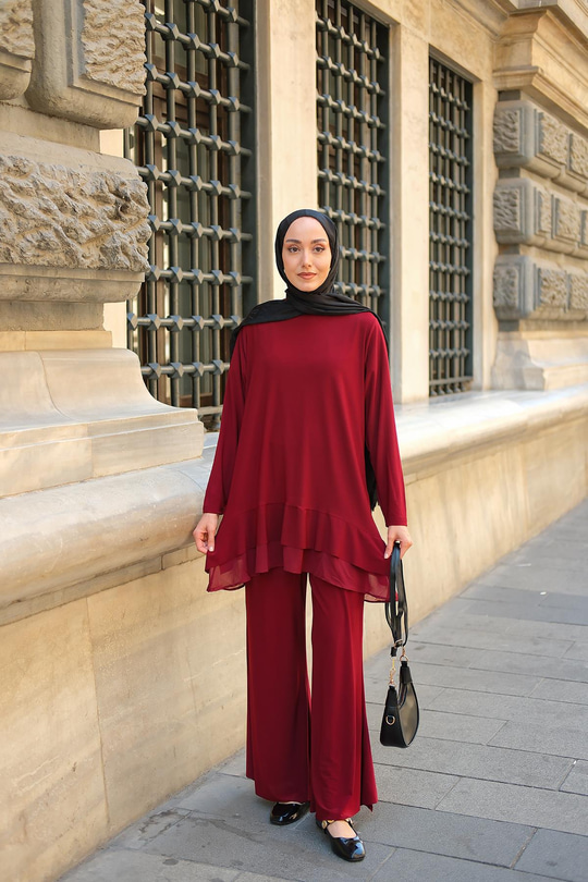 Tül Detay İkili Takım Bordo