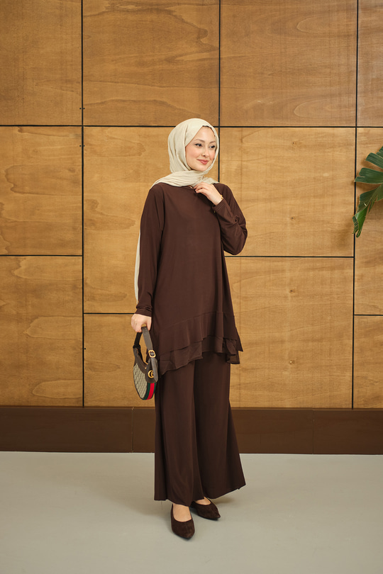 Tül Detay İkili Takım Kahverengi