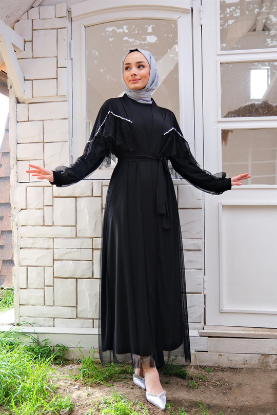 TUL DETAY INCI ISLEMELI ABAYA-SIYAH
