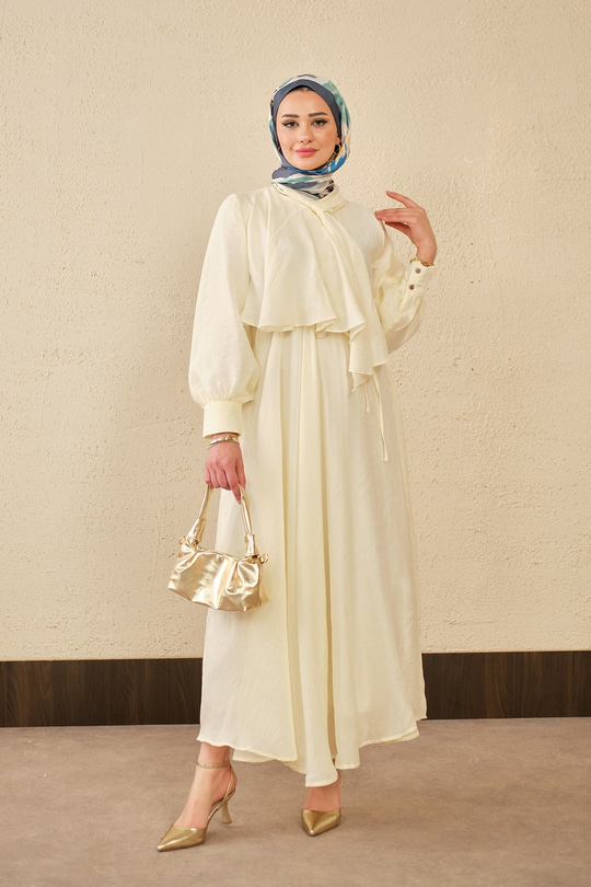 Tül Detay Şal Yaka Bel Bağlamalı Elbise Sarı