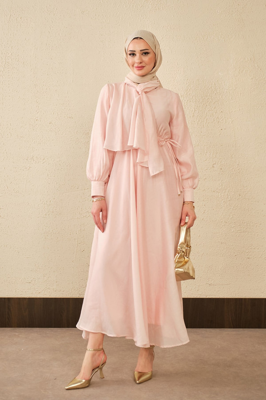 Tül Detay Şal Yaka Bel Bağlamalı Elbise Pembe