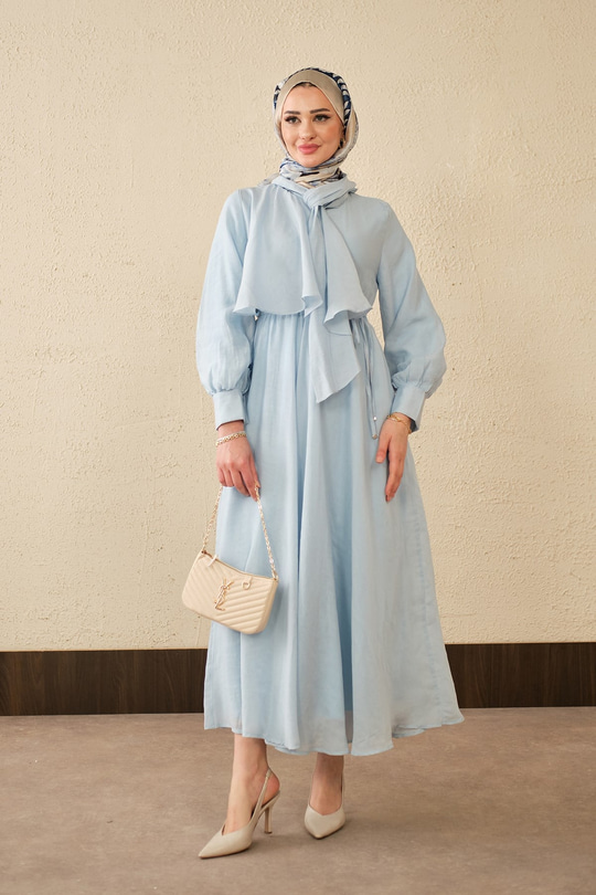 Tül Detay Şal Yaka Bel Bağlamalı Elbise Bebe Mavi