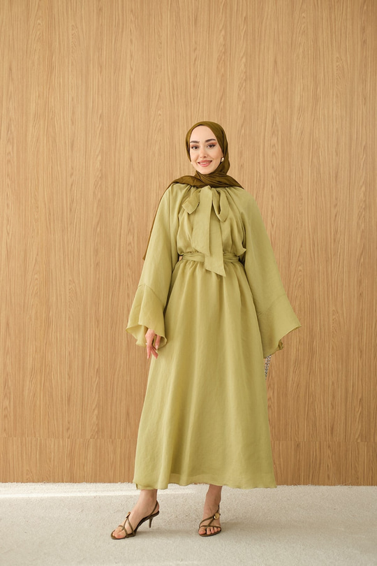 Tül Kumaş Boyun Bağlamalı Detaylı Bel Bağlamalı Elbise Yağ Yeşil
