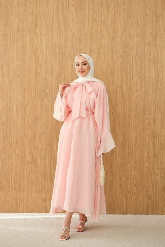 Tül Kumaş Boyun Bağlamalı Detaylı Bel Bağlamalı Elbise Pembe