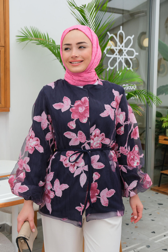 Tüllü Çiçek Desen Hırka Pembe