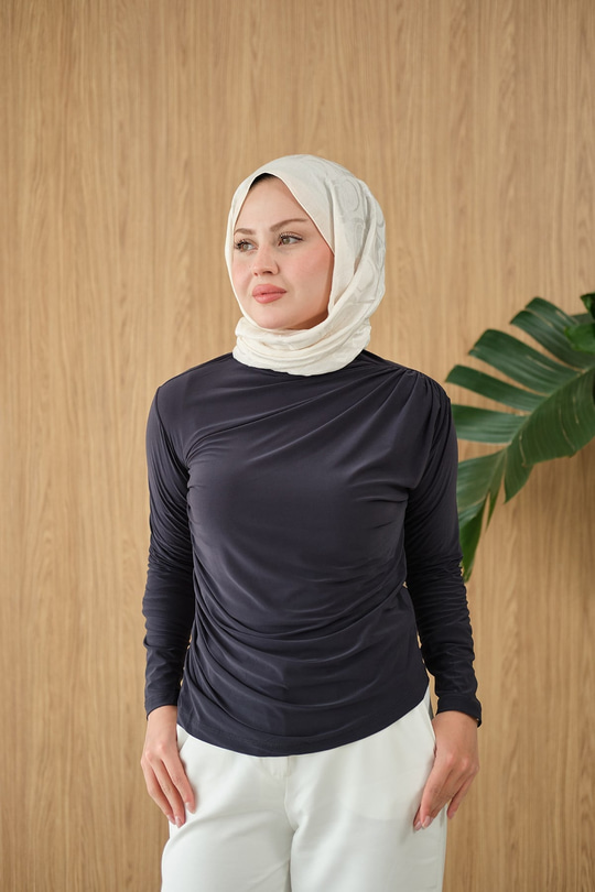 Uzun Kollu Büzgü Detay Bluz Antrasit