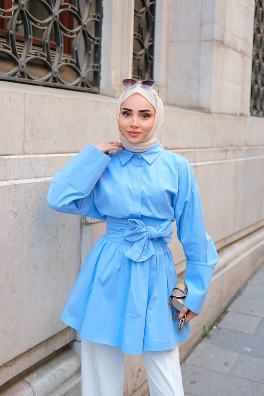 Uzun Kuşaklı Gömlek Mavi