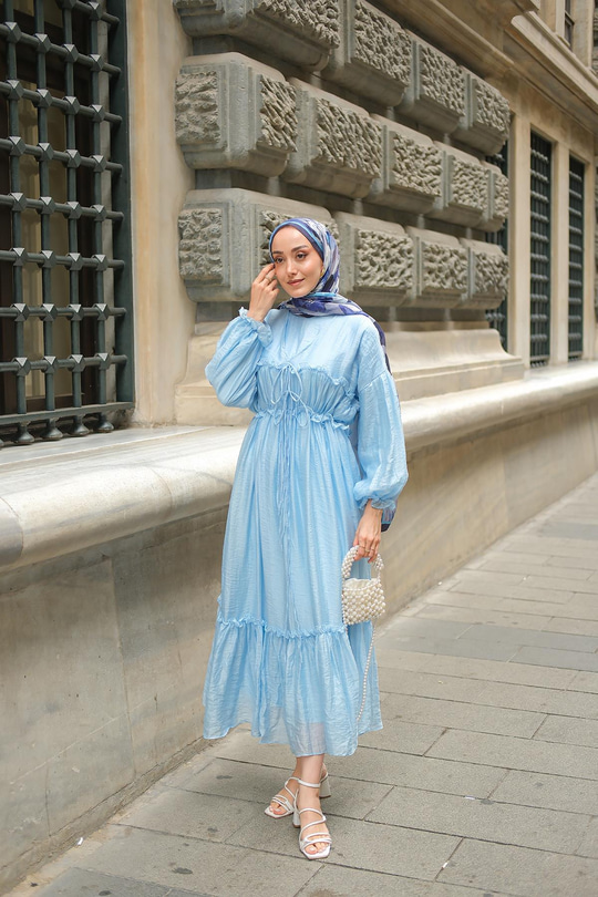 V Detay Tül Elbise Bebe Mavi
