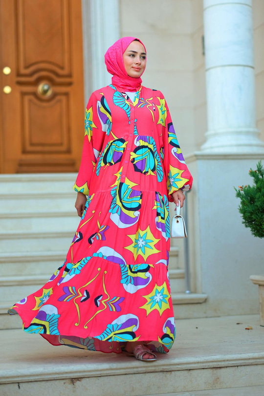 Varak Desen Elbise Fuşya