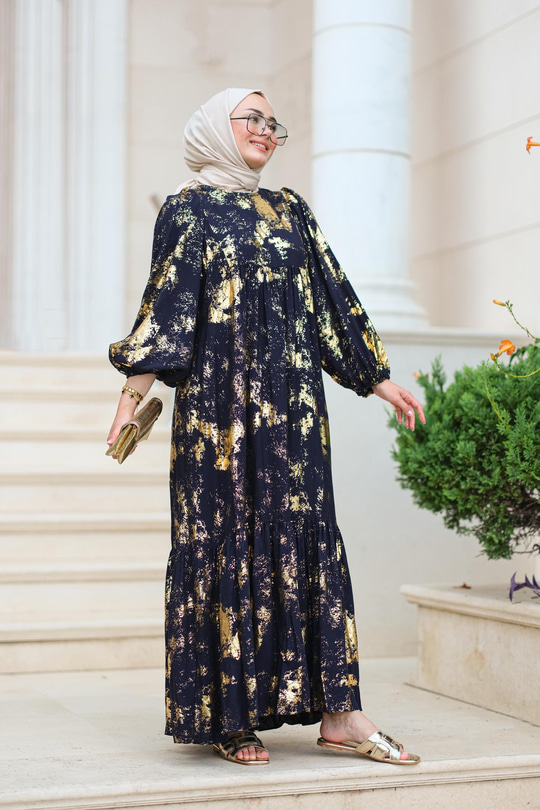 Varak Desen Elbise Lacivert
